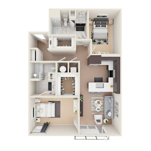 Floor plan for 2 beds, 2 baths, 1041 sqft